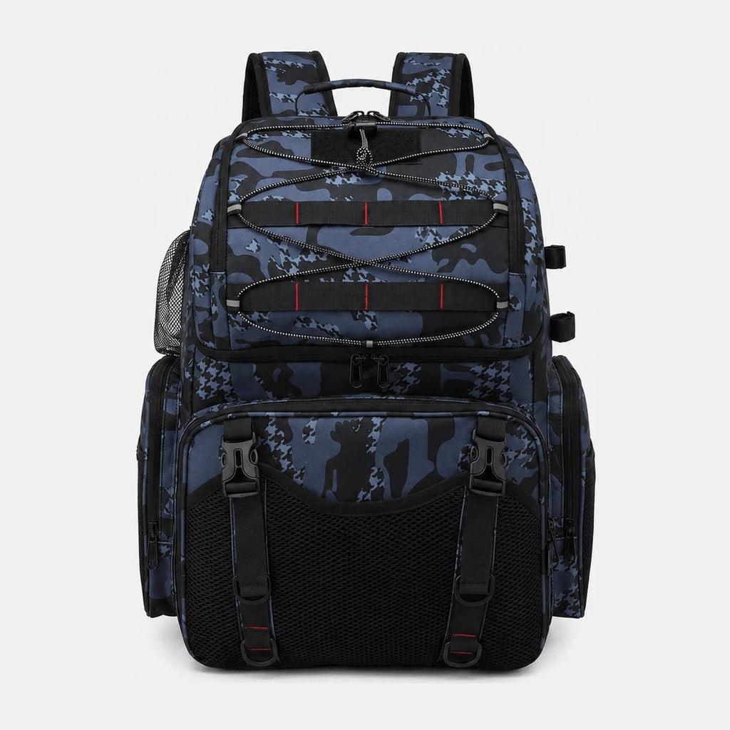 Sac à dos de pêche 45L Sillure camouflage bleu vu de face, sangles élastiques et poche filet frontale