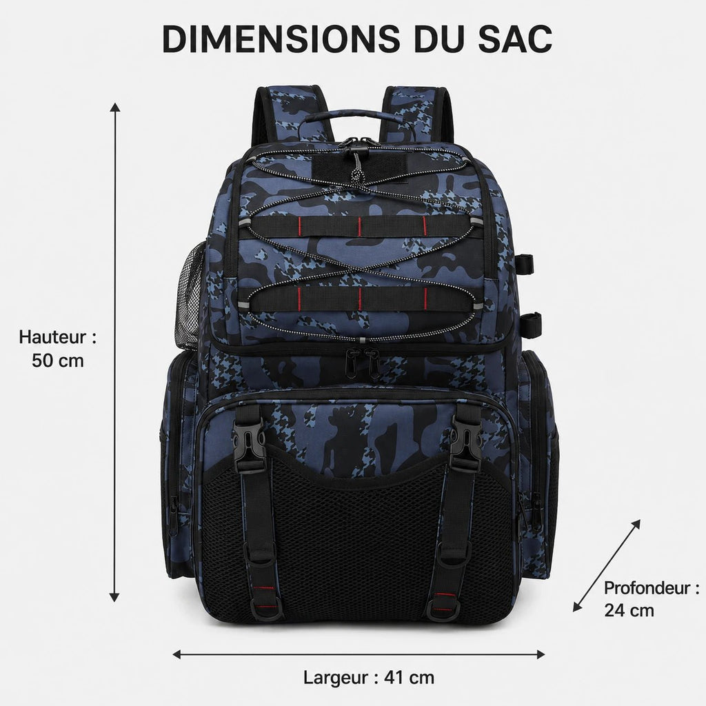 Dimensions du sac à dos de pêche 45L Sillure : 50 cm de hauteur, 41 de largeur et 24 de profondeur
