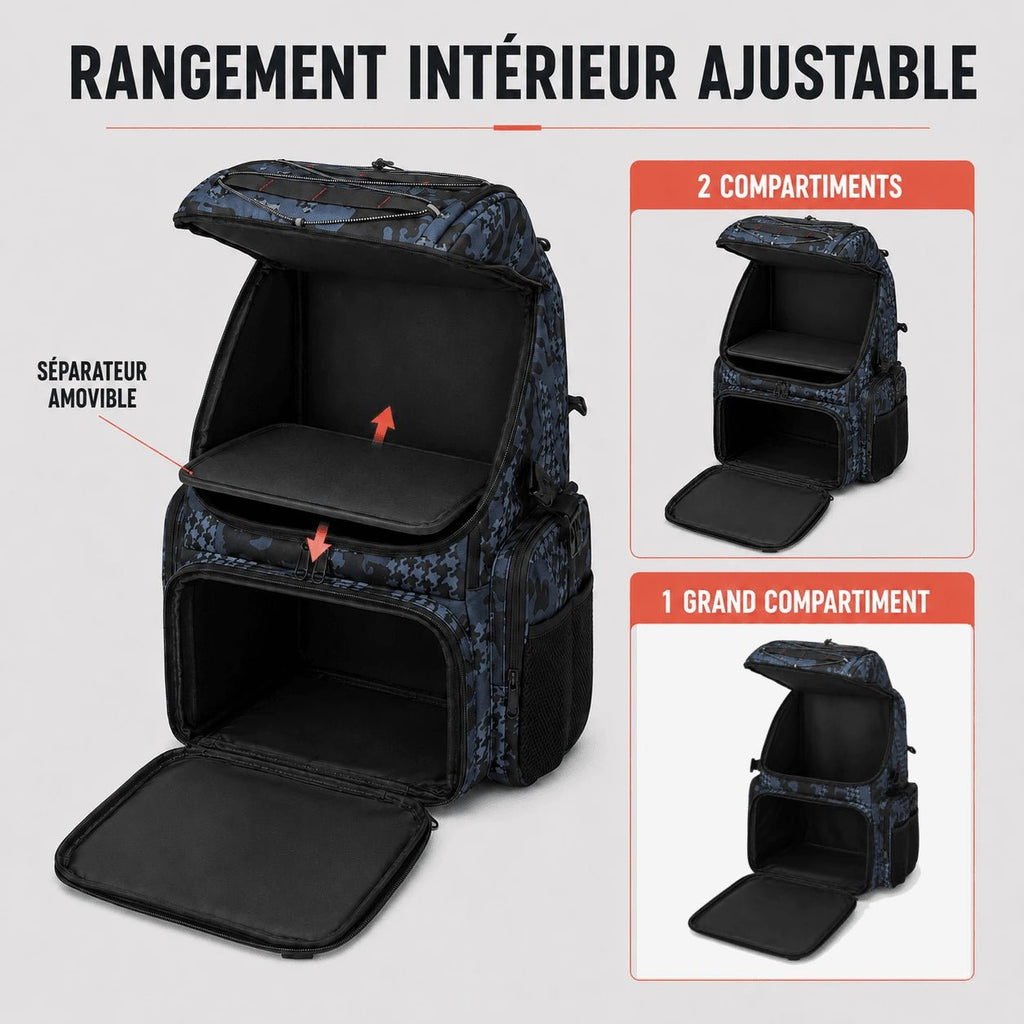 Rangement intérieur ajustable du sac à dos 45L Sillure : séparateur amovible pour un ou deux compartiments