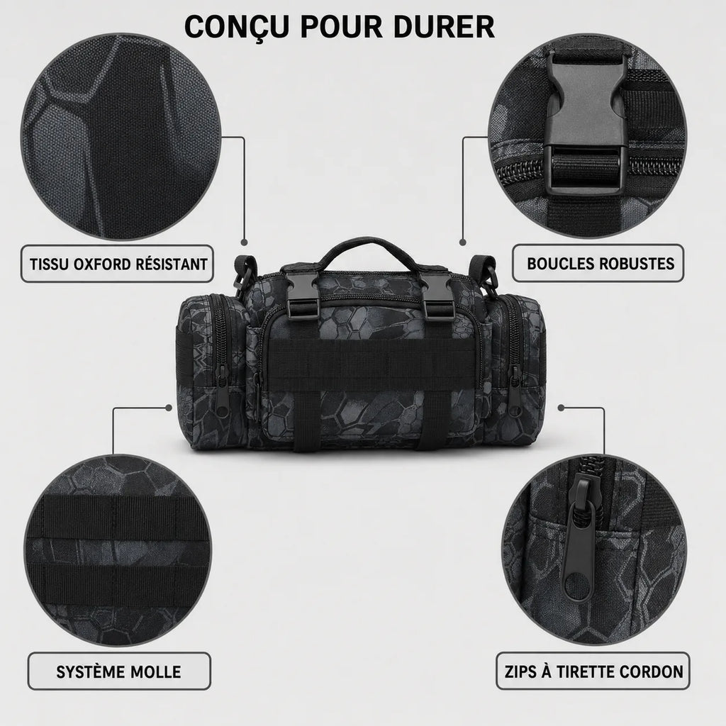 Sac banane pêche carnassier MOLLE résistant à l'eau, détails tissu oxford, boucles robustes, système MOLLE et zips à tirette avec cordon | Sillure
