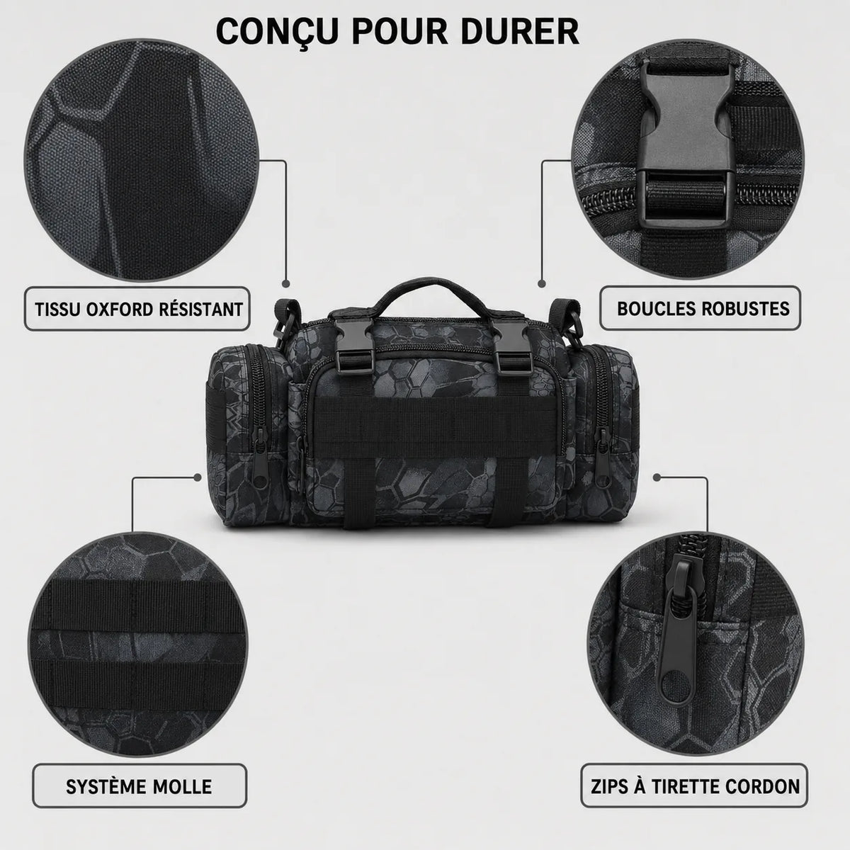 Sac banane pêche carnassier MOLLE résistant à l'eau, détails tissu oxford, boucles robustes, système MOLLE et zips à tirette avec cordon | Sillure