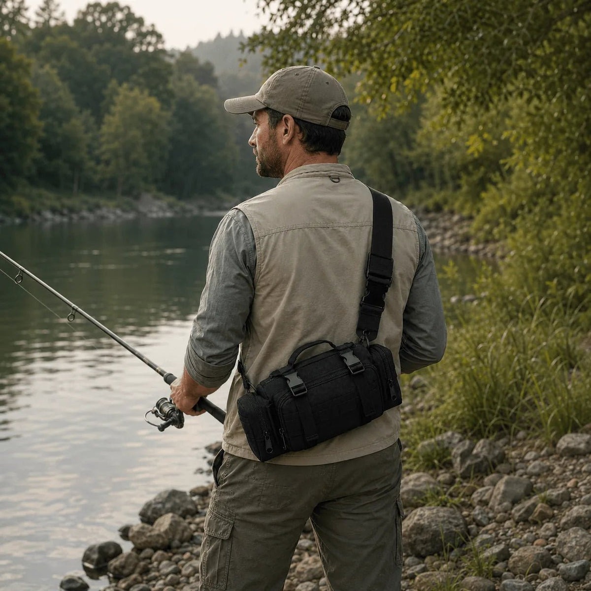 Pêcheur de dos au bord d'une rivière portant le sac banane de pêche Sillure noir en bandoulière, canne en main