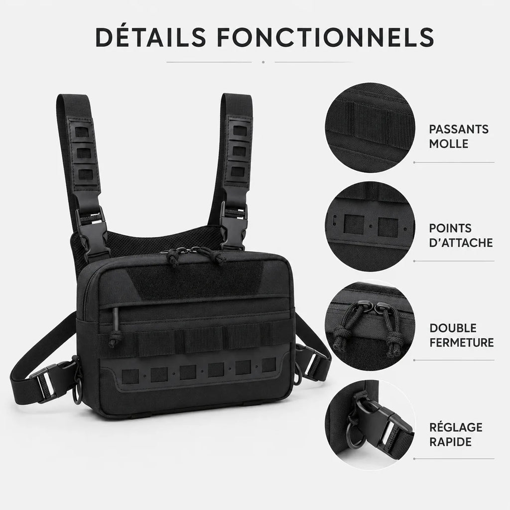 Détails du sac de poitrine Sillure : passants MOLLE, points d'attache, double fermeture et réglage rapide