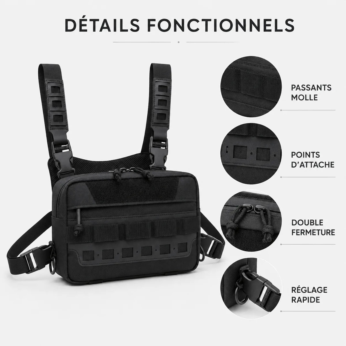 Détails du sac de poitrine Sillure : passants MOLLE, points d'attache, double fermeture et réglage rapide
