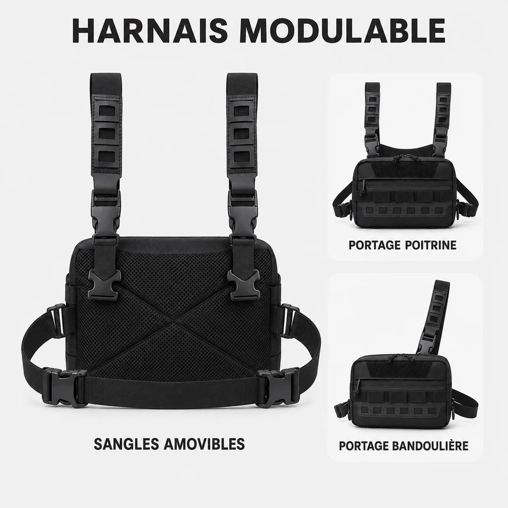 Harnais modulable du sac de poitrine Sillure : sangles amovibles, portage sur la poitrine ou en bandoulière