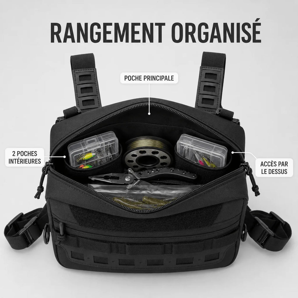 Rangement du sac de poitrine Sillure : poche principale ouverte avec deux boîtes de leurres, bobine de fil et pince