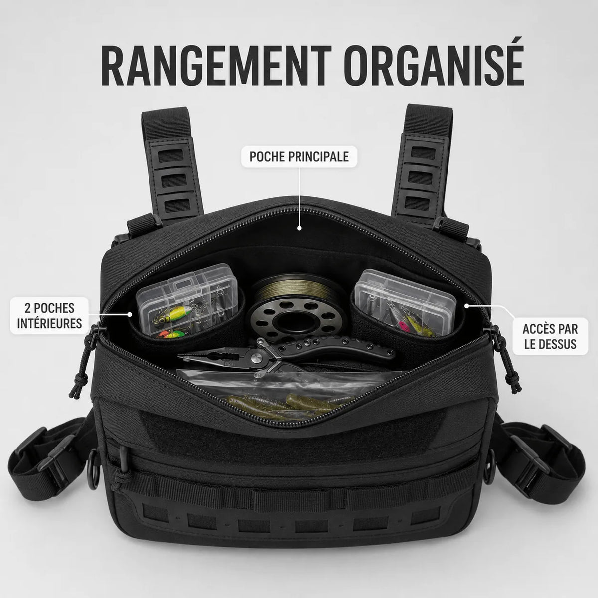 Rangement du sac de poitrine Sillure : poche principale ouverte avec deux boîtes de leurres, bobine de fil et pince