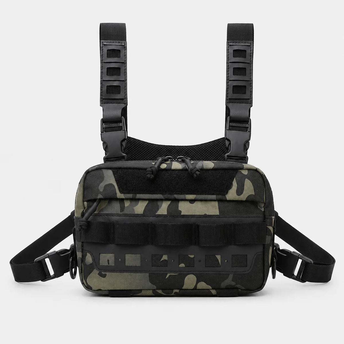 Sac de poitrine de pêche Sillure camouflage vert vu de face, harnais à boucles clip et passants MOLLE